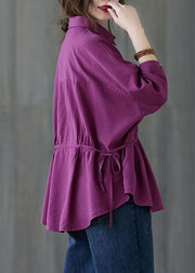 Women Purple Loose Button tie waist Fall Shirt Long sleeve