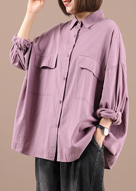 Women Purple PeterPan Collar Button Pockets Fall Shirt Long Sleeve