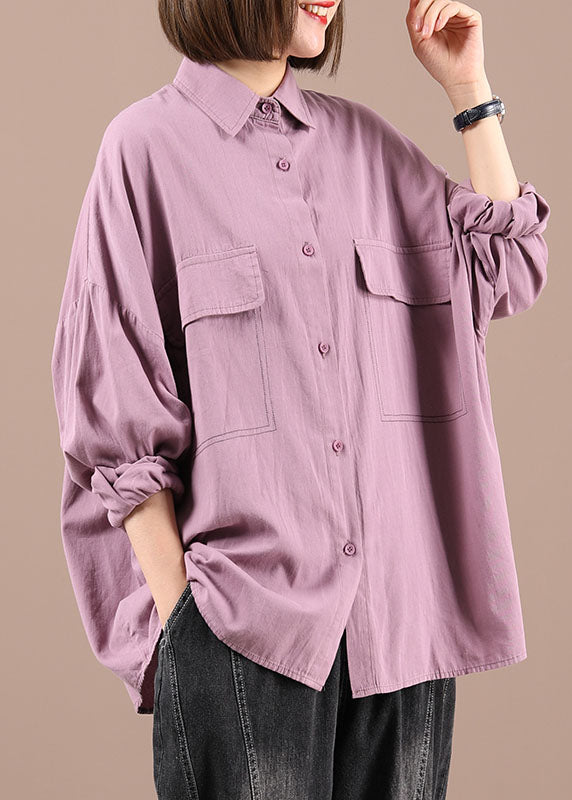 Women Purple PeterPan Collar Button Pockets Fall Shirt Long Sleeve