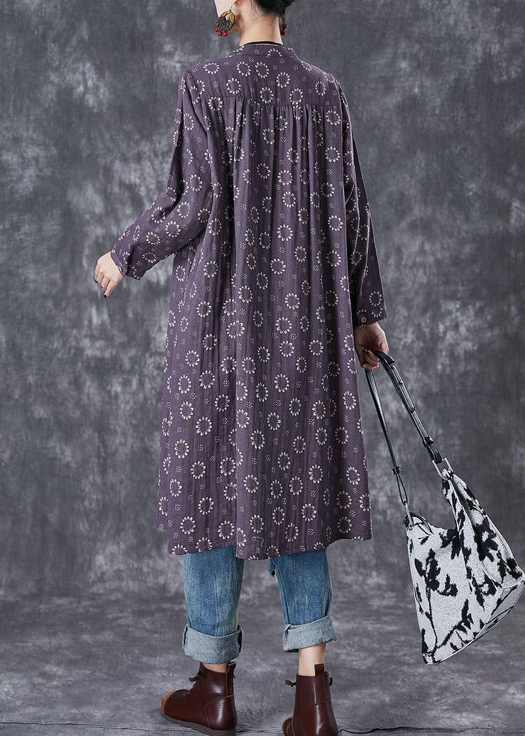 Women Purple Print Button Down Cotton Dresses Fall