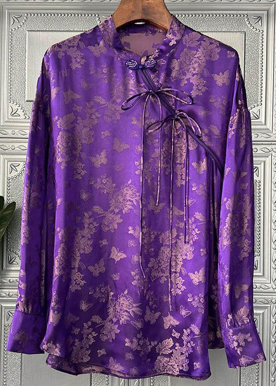 Women Purple Print Lace Up Patchwork Silk Shirts Long Sleeve