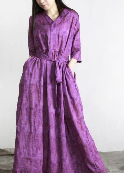 Women Purple Print Linen tie waist Summer Robe Dresses - bagstylebliss