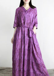 Women Purple Print Linen tie waist Summer Robe Dresses - bagstylebliss