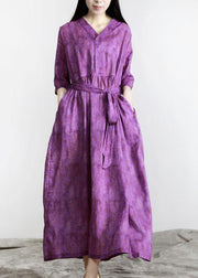 Women Purple Print Linen tie waist Summer Robe Dresses - bagstylebliss