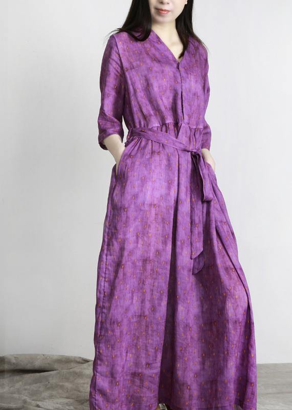 Women Purple Print Linen tie waist Summer Robe Dresses - bagstylebliss