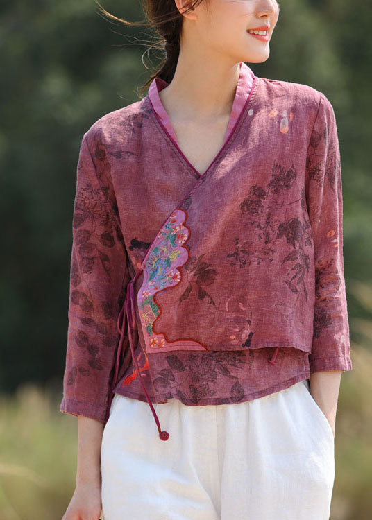 Women Purple Red Embroideried tie waist V Neck Patchwork Linen Tops Spring