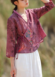 Women Purple Red Embroideried tie waist V Neck Patchwork Linen Tops Spring