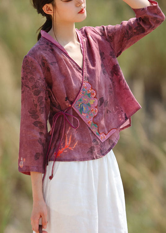 Women Purple Red Embroideried tie waist V Neck Patchwork Linen Tops Spring