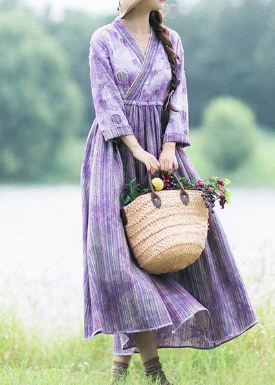 Women Purple Striped Quilting Dresses Patchwork Two Ways To Wear long Spring Dress - bagstylebliss