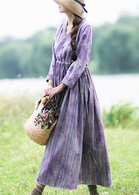 Women Purple Striped Quilting Dresses Patchwork Two Ways To Wear long Spring Dress - bagstylebliss