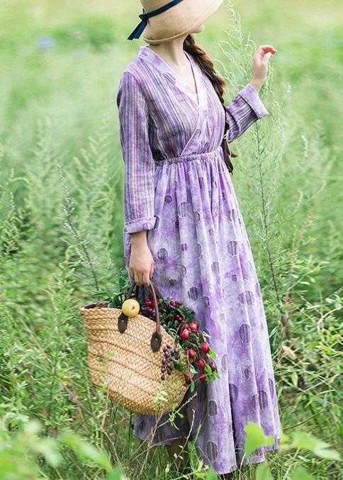 Women Purple Striped Quilting Dresses Patchwork Two Ways To Wear long Spring Dress - bagstylebliss