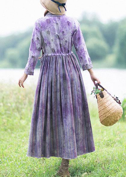 Women Purple Striped Quilting Dresses Patchwork Two Ways To Wear long Spring Dress - bagstylebliss