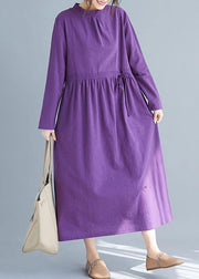 Women Purple Tunics Stand Collar Drawstring Spring Dress - bagstylebliss