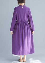 Women Purple Tunics Stand Collar Drawstring Spring Dress - bagstylebliss