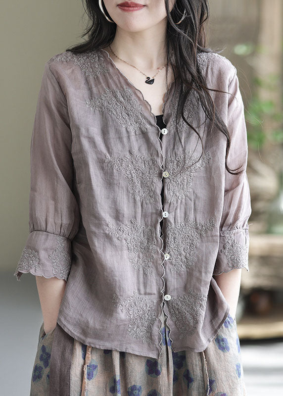 Women Purple V Neck Button Linen Shirt Half Sleeve