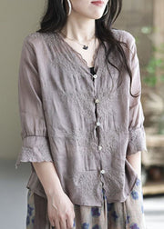 Women Purple V Neck Button Linen Shirt Half Sleeve