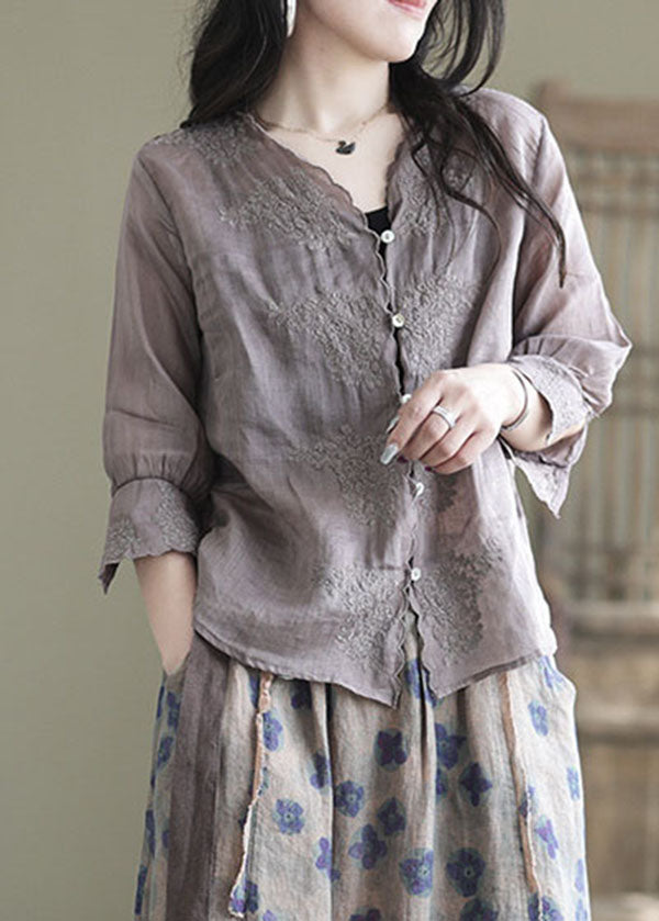 Women Purple V Neck Button Linen Shirt Half Sleeve