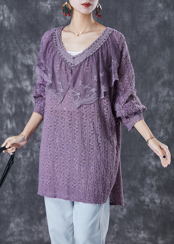 Women Purple V Neck Patchwork Lace Shirts Fall