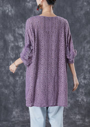 Women Purple V Neck Patchwork Lace Shirts Fall