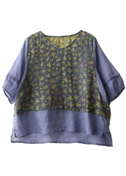 Women Purple V Neck Print Patchwork Linen Fake Two Piece Top Bracelet Sleeve