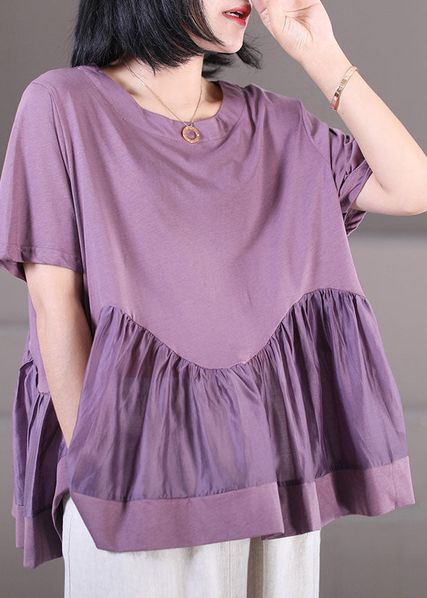 Women Purple Wrinkled Patchwork Cotton Loose Tank Tops Short Sleeve