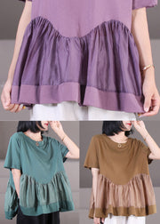 Women Purple Wrinkled Patchwork Cotton Loose Tank Tops Short Sleeve