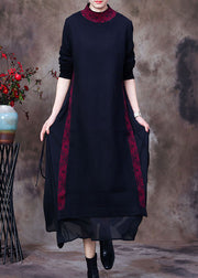 Women Purple black O-Neck side open tulle Patchwork Knit Dresses Spring