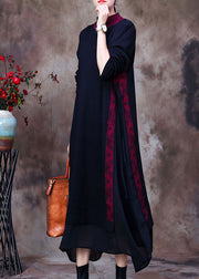 Women Purple black O-Neck side open tulle Patchwork Knit Dresses Spring