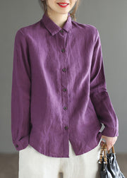 Women Purple button Peter Pan Collar Linen Shirt top Long Sleeve