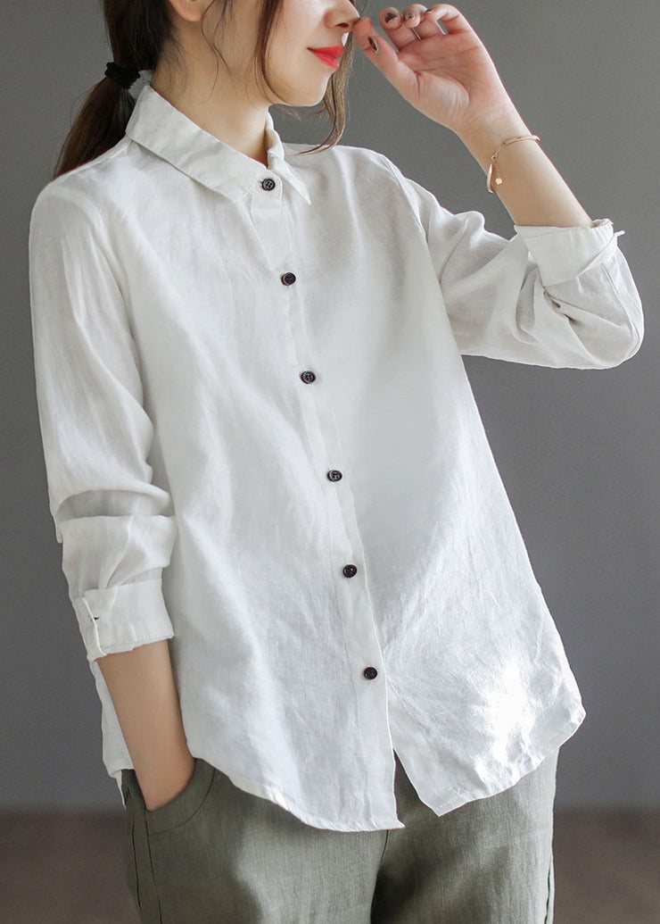 Women Purple button Peter Pan Collar Linen Shirt top Long Sleeve