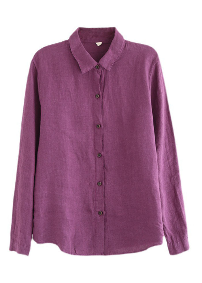 Women Purple button Peter Pan Collar Linen Shirt top Long Sleeve