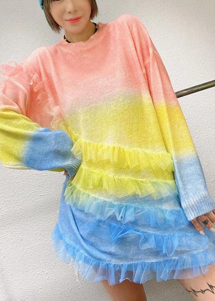 Frauen-Regenbogen-O-Ansatz-Rüschen-Strick-Herbst-loser langer Pullover