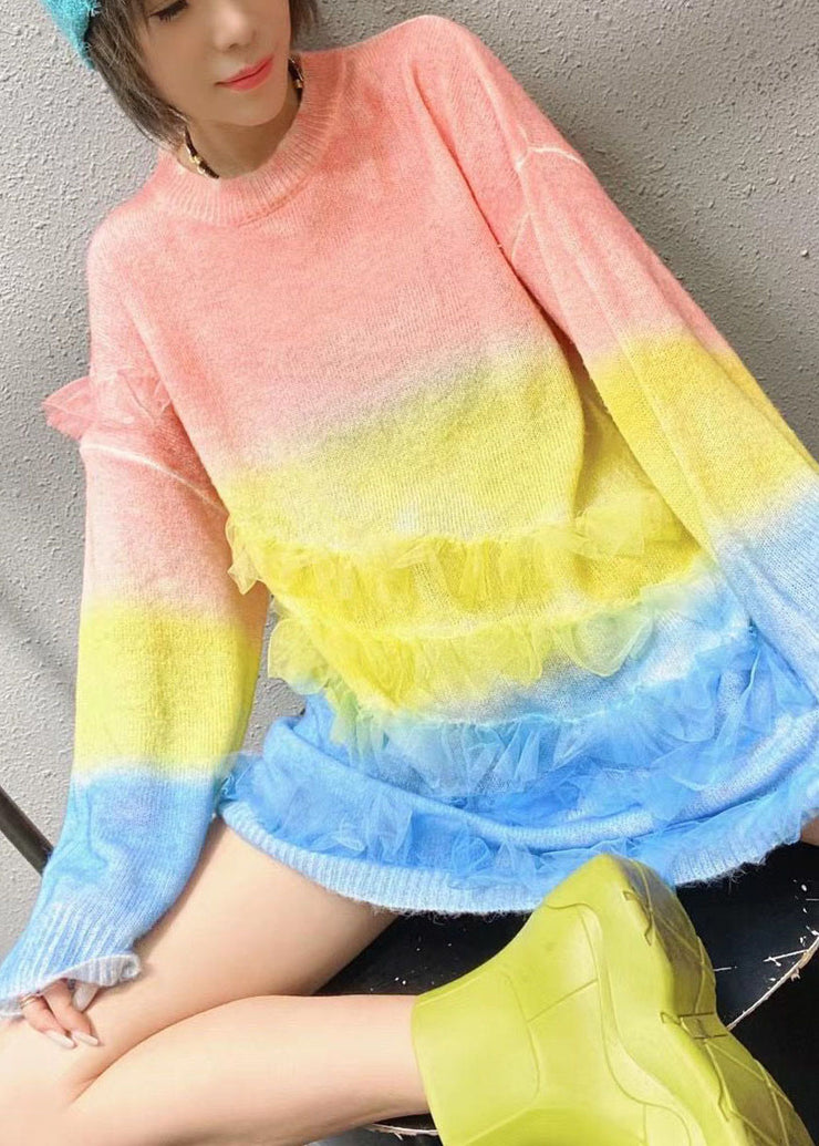 Women Rainbow O-Neck Ruffles Knit Fall Loose Long Sweater