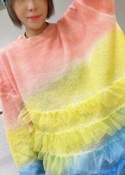 Frauen-Regenbogen-O-Ansatz-Rüschen-Strick-Herbst-loser langer Pullover