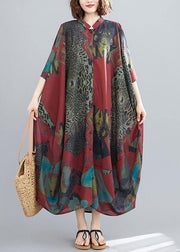 Women Red Abstract Pattern Tunic Stand Collar Maxi Summer Dresses - bagstylebliss