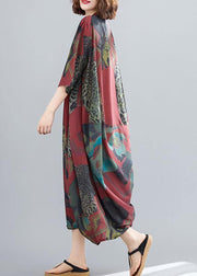 Women Red Abstract Pattern Tunic Stand Collar Maxi Summer Dresses - bagstylebliss