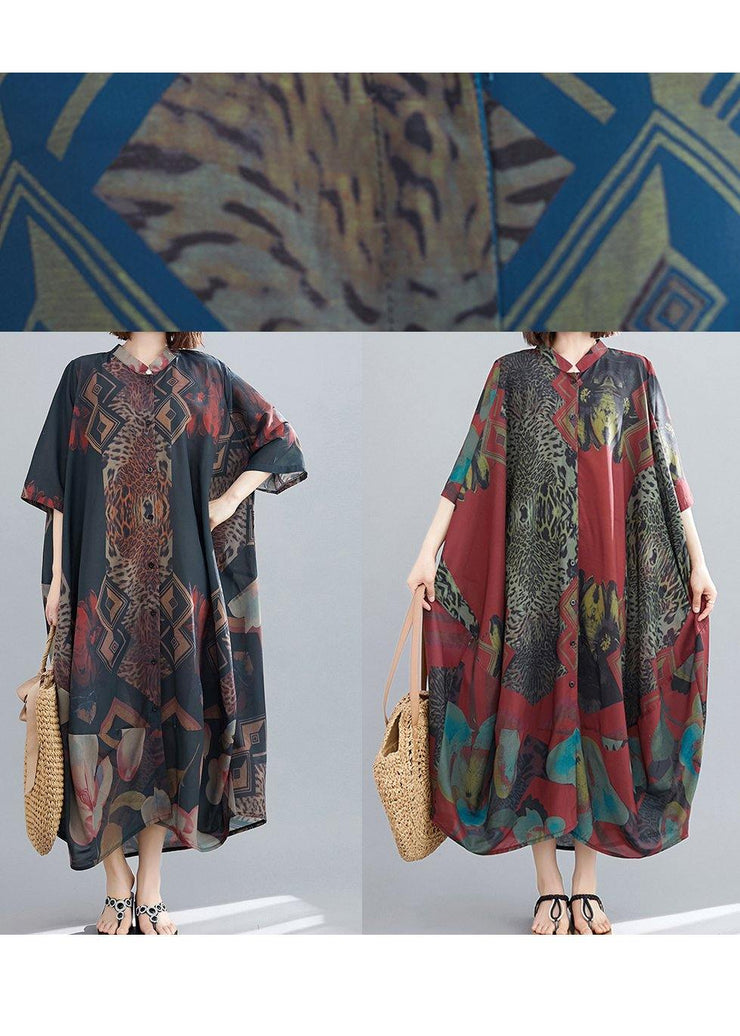 Women Red Abstract Pattern Tunic Stand Collar Maxi Summer Dresses - bagstylebliss