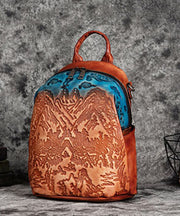 Women Red Brown Embossing Paitings Calf Leather Backpack Bag