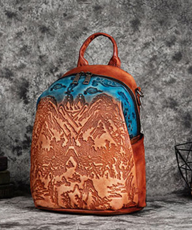 Women Red Brown Embossing Paitings Calf Leather Backpack Bag