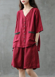 Women Red Button Patchwork Tops And Shorts Linen Two Pieces Set Summer