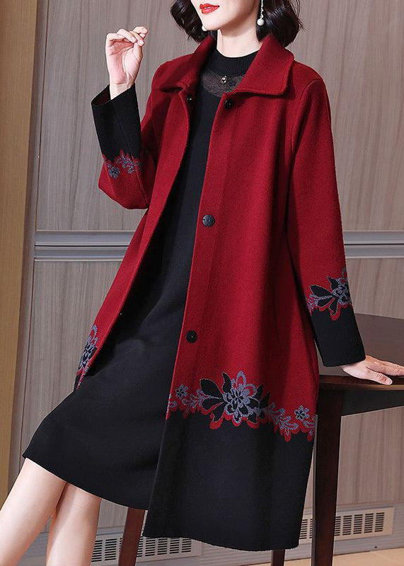 Women Red Button Print Patchwork Cotton Knit Coats Long Sleeve