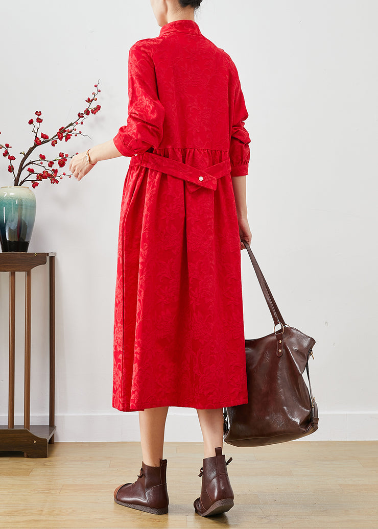 Women Red Chinese Button Jacquard Dresses Fall