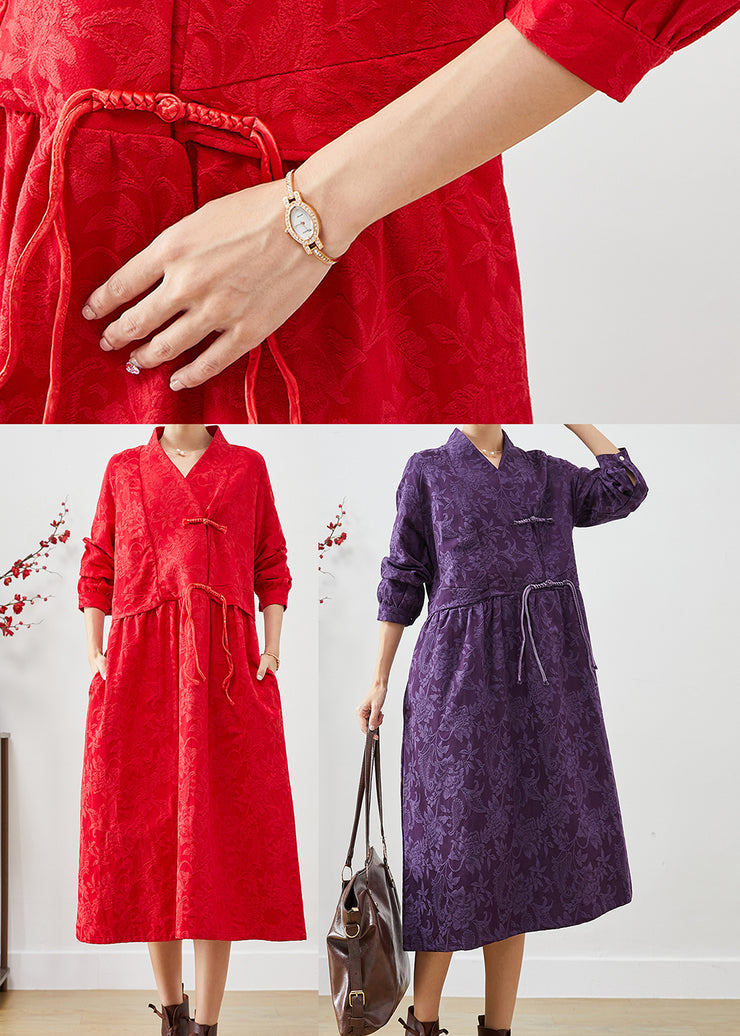 Women Red Chinese Button Jacquard Dresses Fall