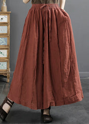 Women Red Elastic Waist Lace Up Linen Wide Leg Pants Fall