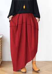 Women Red Elastic Waist Linen Skirt - bagstylebliss