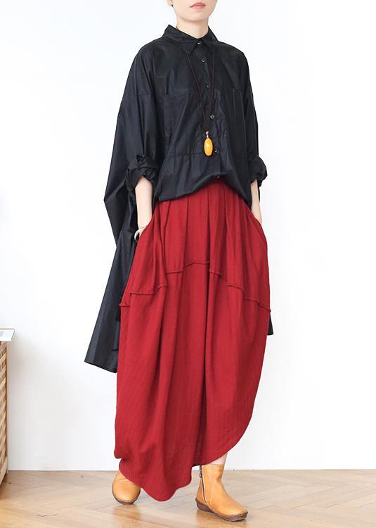 Women Red Elastic Waist Linen Skirt - bagstylebliss