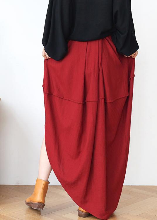 Women Red Elastic Waist Linen Skirt - bagstylebliss