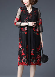 Women Red Floral Embroideried Tulle Cardigans And Tank Dress Two Piece Set Summer