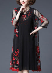 Women Red Floral Embroideried Tulle Cardigans And Tank Dress Two Piece Set Summer