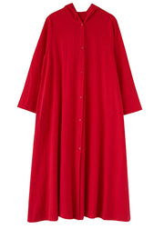 Women Red Hooded Button Patchwork Cotton Shirts Maxi Dresses Fall